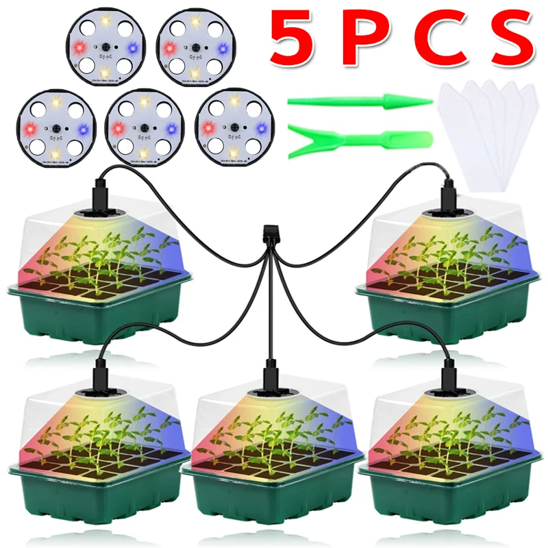5PCS Full Spectrum LED Grow Lights Seedling Tray Germination Box Greenhouse Indoor Garden Growing Pot 12 Grid