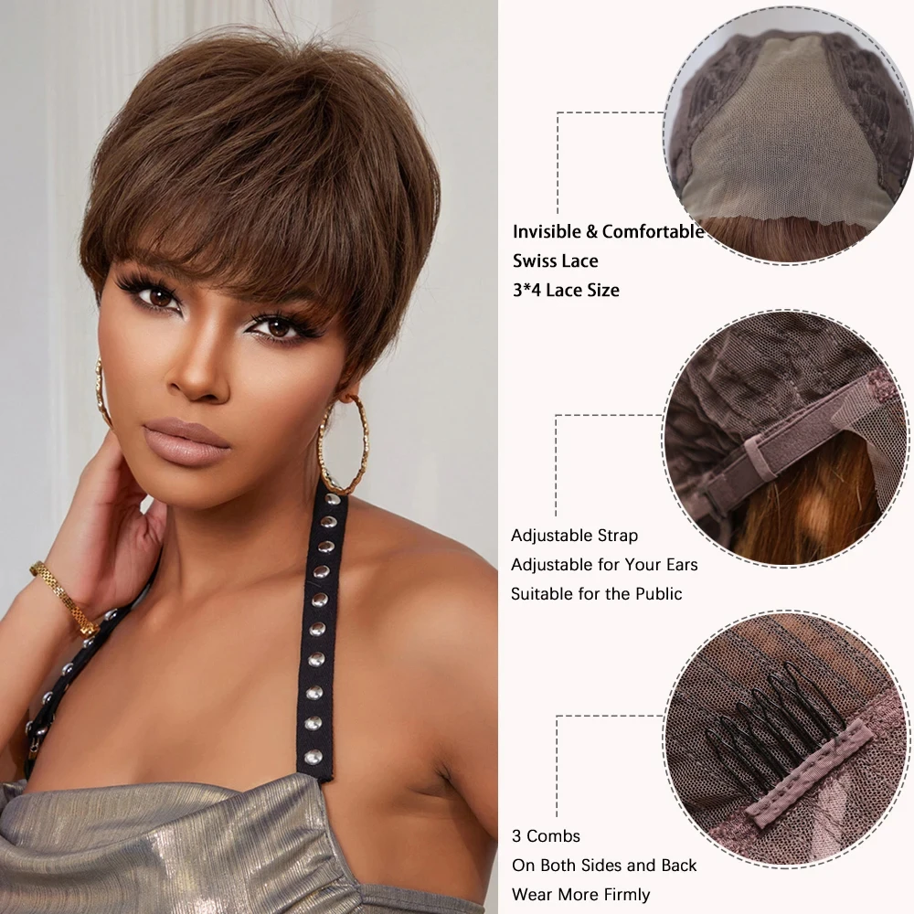 100% Human Hair Pixie Cut Bob Wig Lace Frontal Natural Brown Remy Human Hair Wig for Women Daily Machine Made Wig Heat Resistant