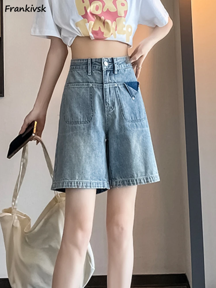 

Retro Denim Shorts Women Elegant Classical Youthful Stretchy Washed Aesthetic Solid Baggy Summer European Style Fashion Trousers