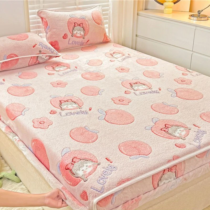 

Cartoon Coral Fleece Bed Sheets Winter Flannel Bedspread For Girls Kids Couple Double Bed Elastic Fitted Sheet Mattress Cover