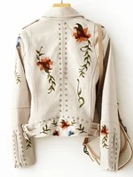 New Women's Retro Floral Print Embroidery Faux Leather Jacket 2