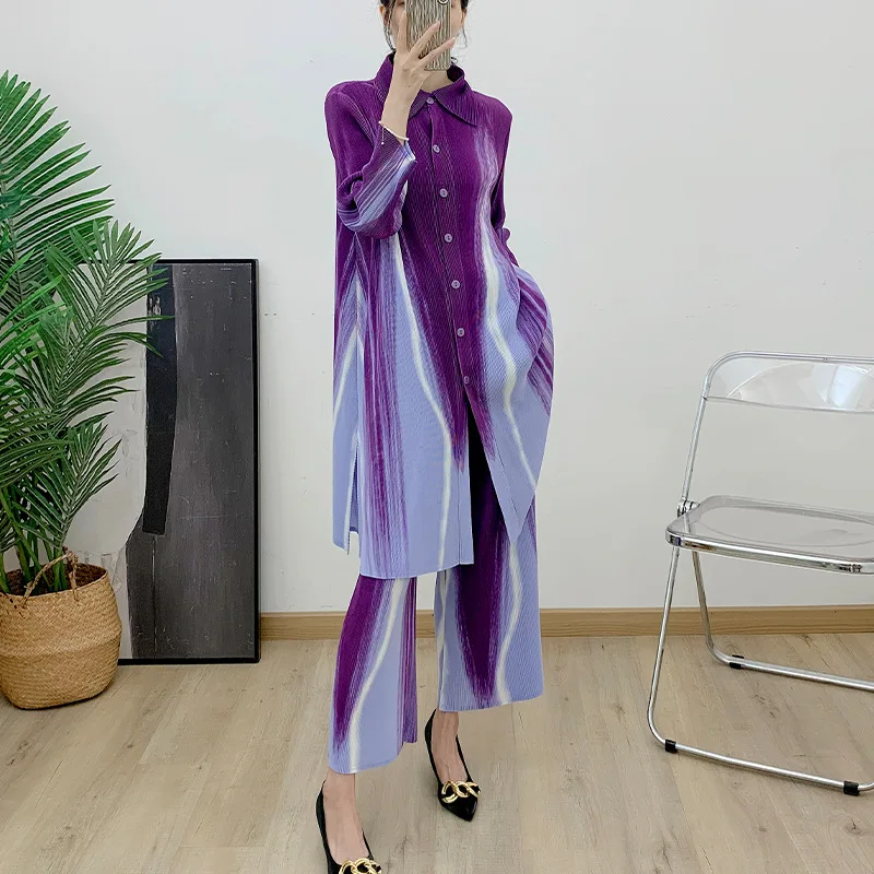 

Женский Длинный плиссированный кардиган миаке, весенние свободные брюки с геометрическим принтом и цветочным принтом, комплект из двух предметов с эластичным свободным кроем, 2024