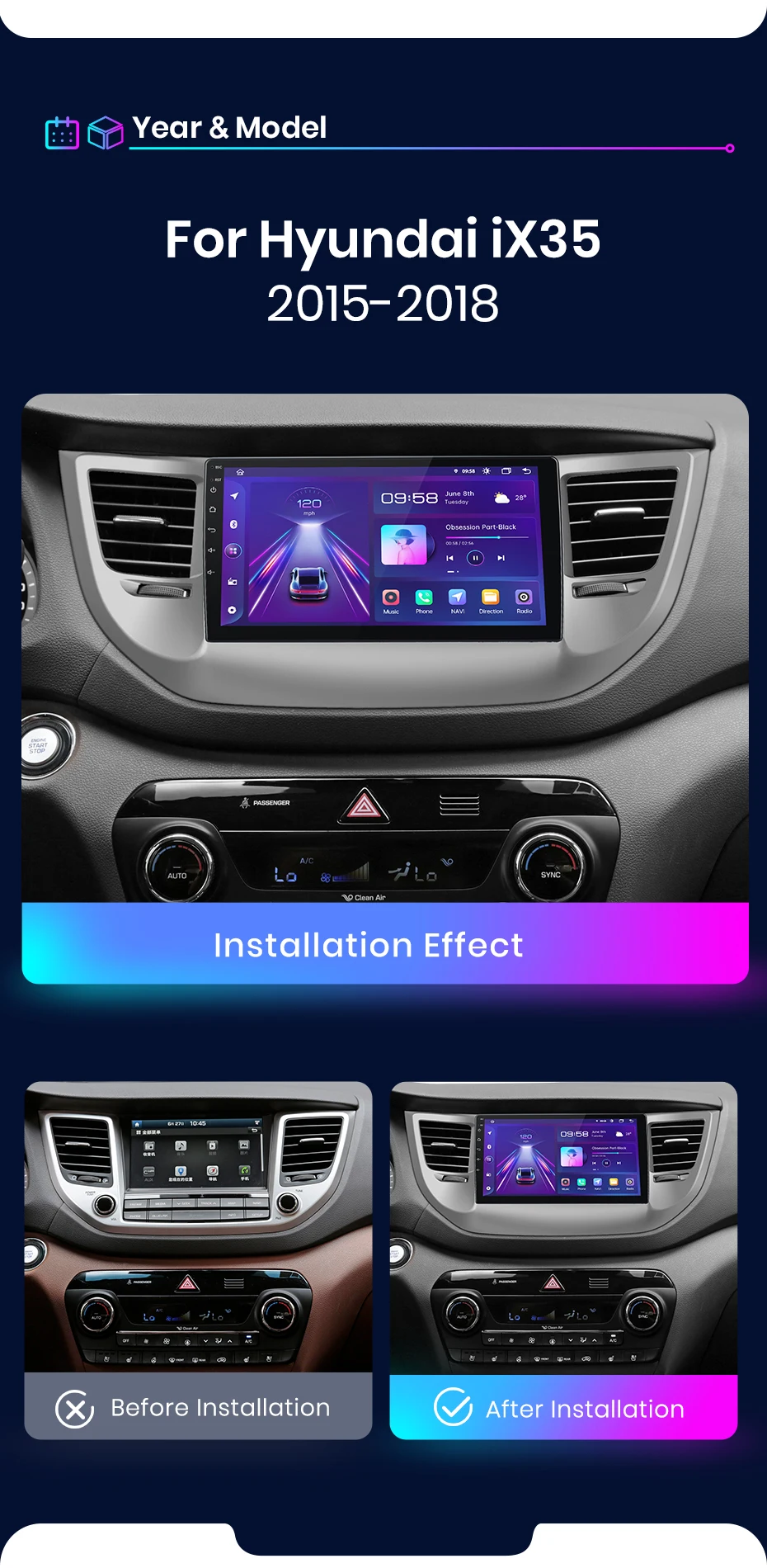 Junsun AI Wireless CarPlay für Apple Android Auto Autoradio für Hyundai IX35 Tucson 3 2015 2016 2017 2018 Multimedia Navi Stereo – Detail 4