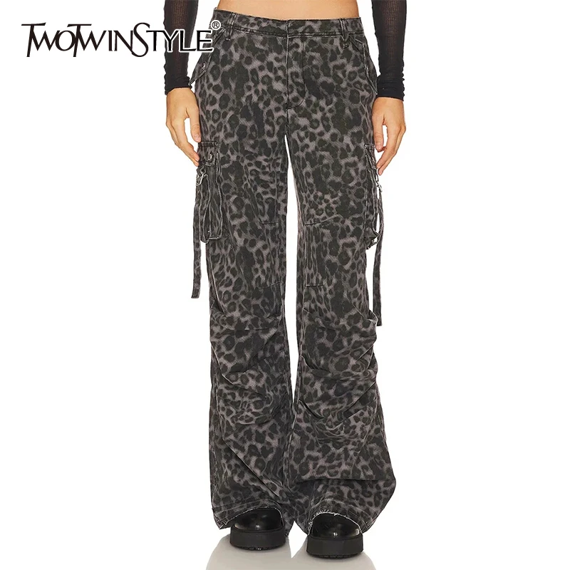 

TWOTWINSTYLE Hit Color Leopard Printing Straight Trouser For Women High Waist Patchwork Pocket Wide Leg Pants Female Fashion New