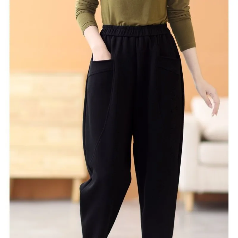 Women's Autumn and Winter Plush Thickened Loose High Waist Elastic Radish Pants Pockets Fashion Solid Color Casual Harlan Pants