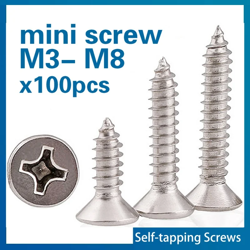 

100pcs/lot M1 M1.2 M1.4 M1.7 M2 M2.6 Mini 304 stainless steel Cross Phillips Flat Countersunk Head Self-tapping Wood Screw