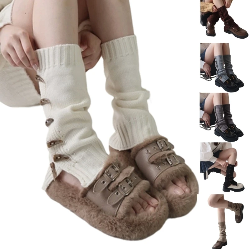 

Casual Flared Leg Warmers Women Harajuku Horn Toggle Button Knit Leg Cover Socks T8NB
