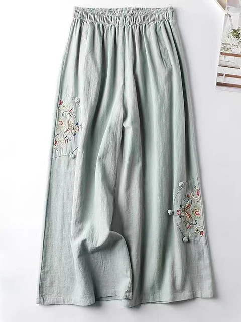 Summer Casual Embroidery Long Pants For Women 2023 Cotton Linen Wide Leg  Pants Female Fashion Loose Breathable Straight Trousers - AliExpress