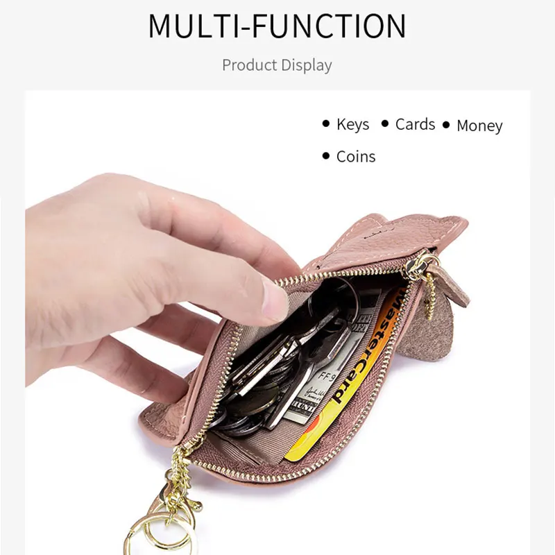 Cute Cat Genuine Leather Purse Wallet Car Keychain Bag Mini Coin Bag Pouch Slim Key Bag Easy To Carry Outdoors