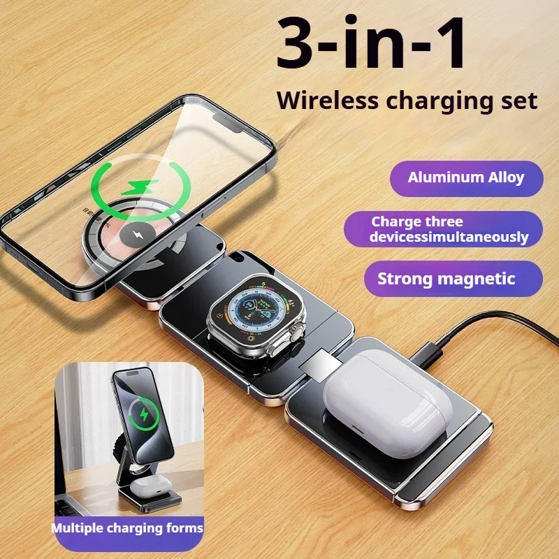 Eary 3-in-1 15w Foldable Wireless Charging Station for Magsafe Magnetic Charger Stand for iPhone 16 Samsung Apple iWatch AirPods
