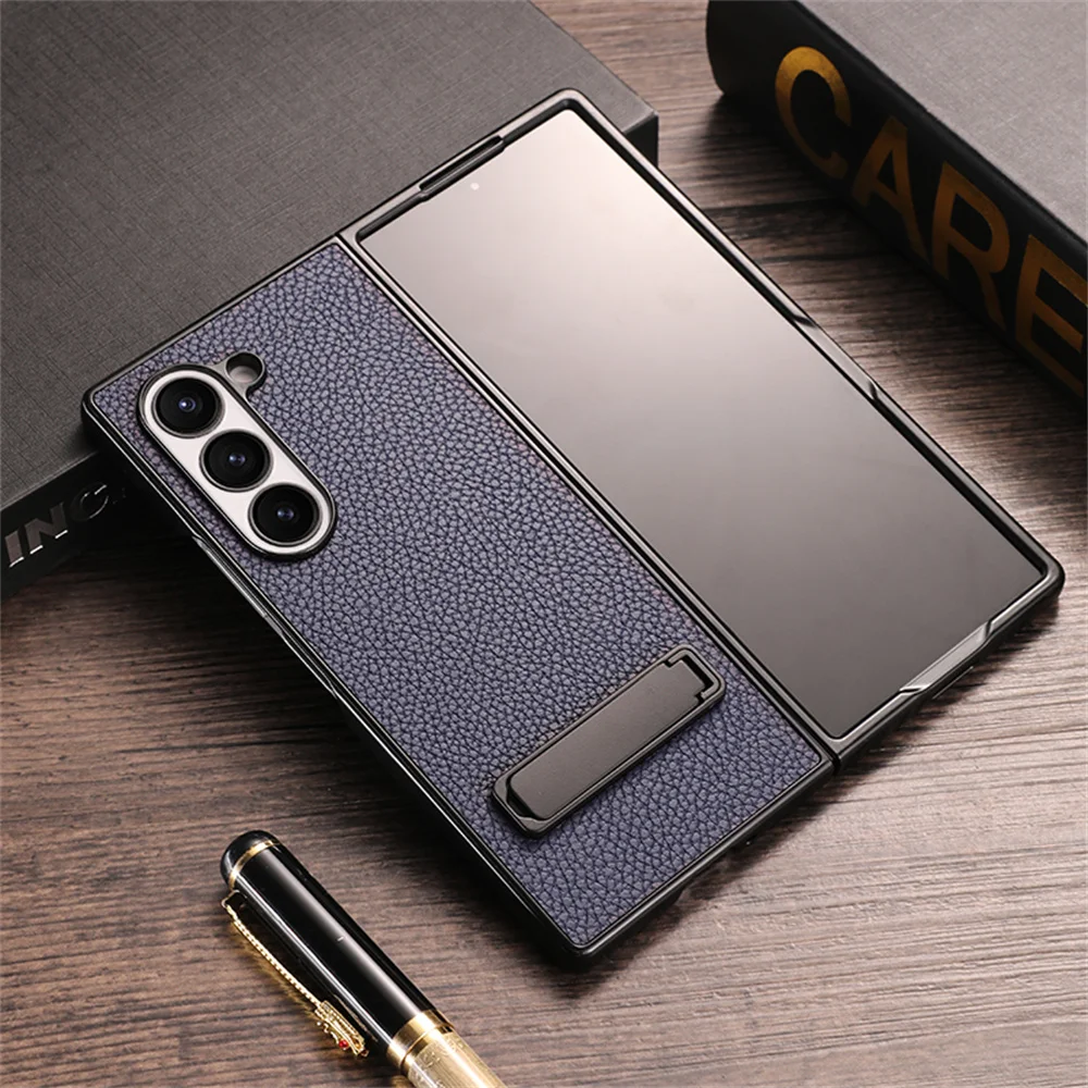 Elegant Litchi Leather Invisible Bracket Case with Stand Holder and Thin Bumper Design