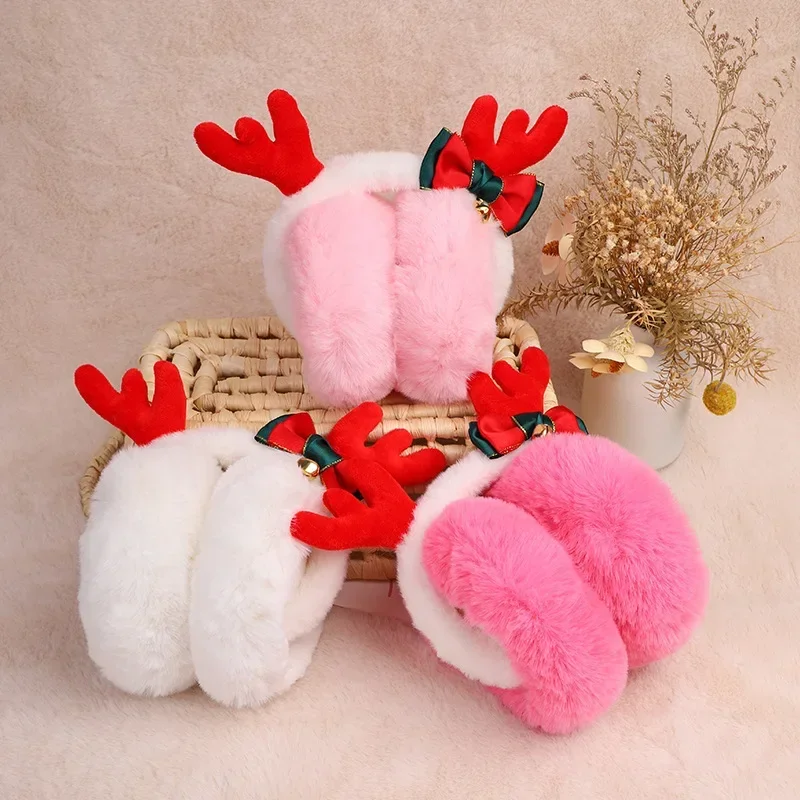 

Christmas Antler Earmuffs Deer Horn Bow Bell Foldable Earflap Winter Thickened Warm Plush Ear Muffs Cold Protector for Kids