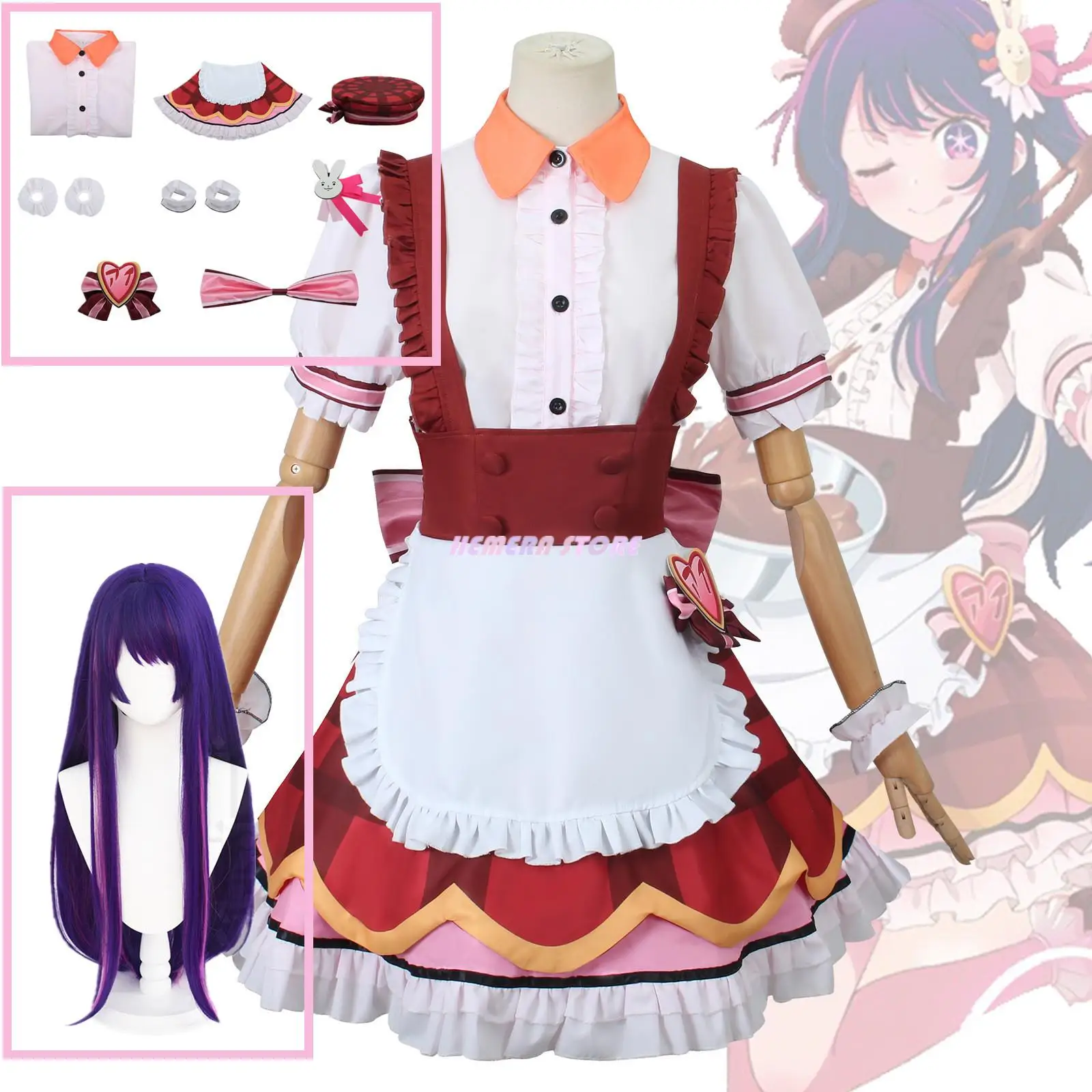 

Anime Oshi no Ko Cosplay Hoshino Ai Cosplay Maid Dress Costume Woman Lolita Maid Outfit Hat Uniform Halloween Party Clothes