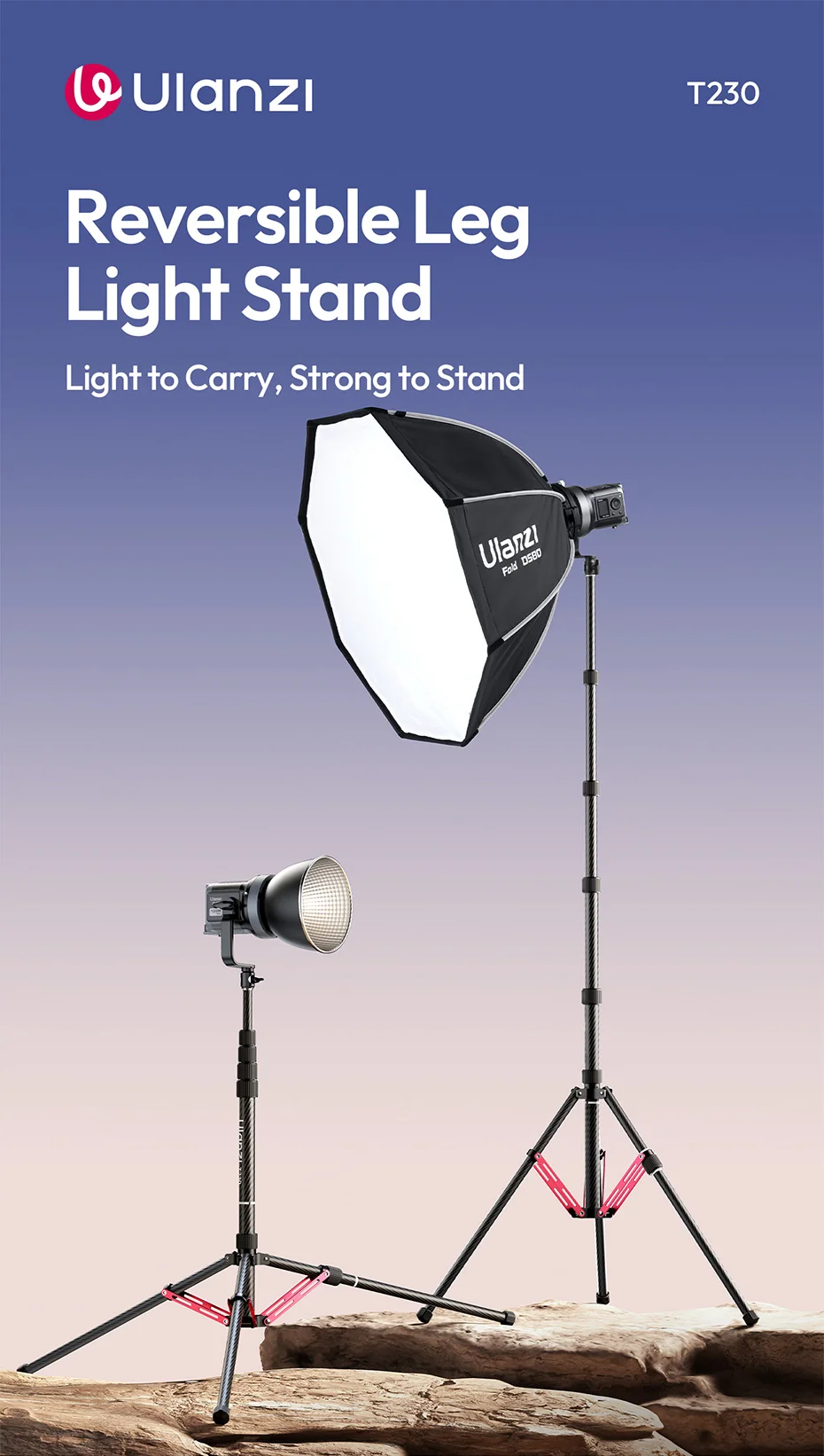  T230 Reversible Leg Light Stand Tripod 58-230CM Tripod for COB Light Softbox C