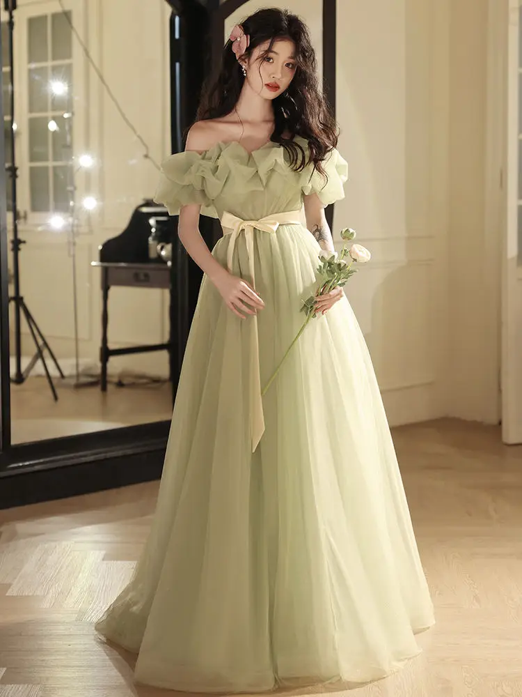 Women prom dresses Light green sweat off shoulder long lady girl women princess banquet party ball prom dress performance gown