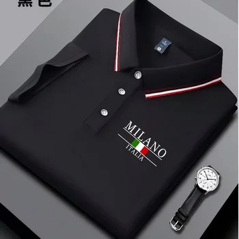Polo estiva da uomo alla moda con stampa Milan italiana, colletto a righe, top estivo traspirante casual da lavoro