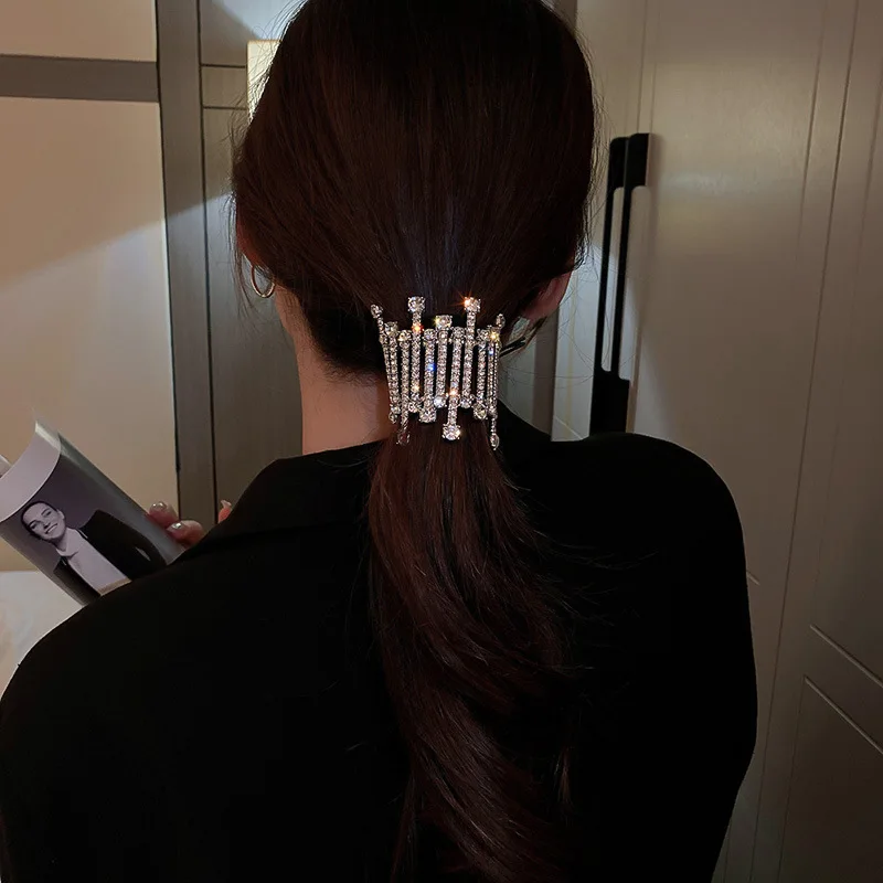 Künstliche Kristall-Strasssteine, geometrisch, silberfarben, Haargummis für Damen, Armreifen mit doppeltem Verwendungszweck, neues Design-Sinn-Pferdeschwanz-Zubehör – Detail 6