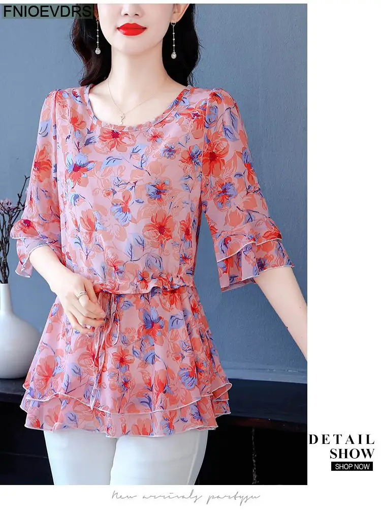 S-4XL Loose Clothes 2023 Women Summer Slim Waist Drawstring Ruffles Shirts Casual Chiffon Floral Tunic Peplum Tops And Blouses