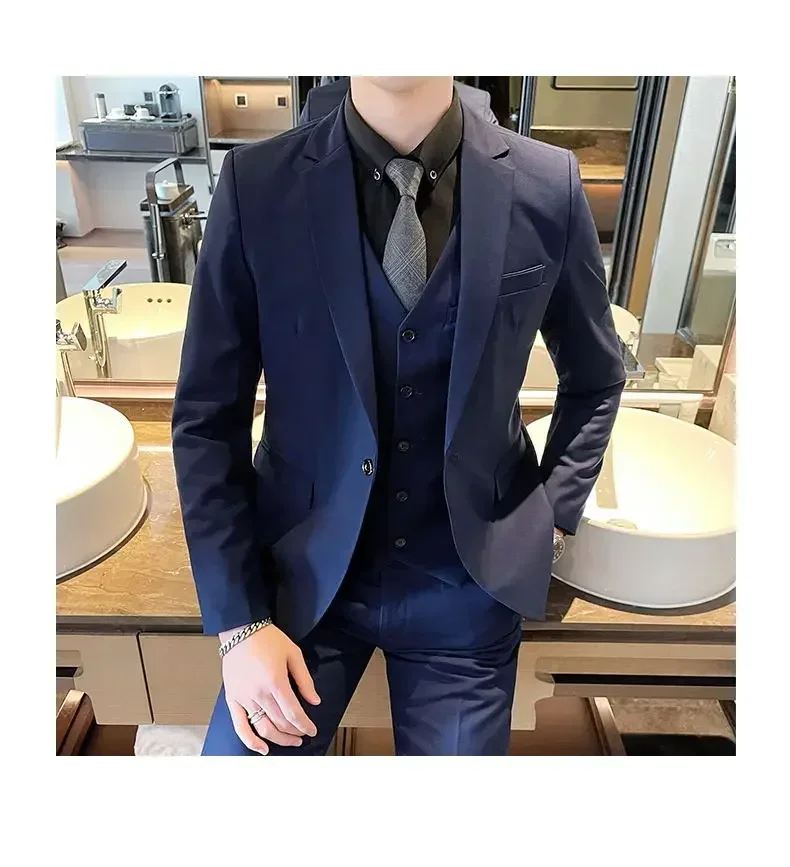New striped men's thickened casual suit three-piece suit high-end wedding