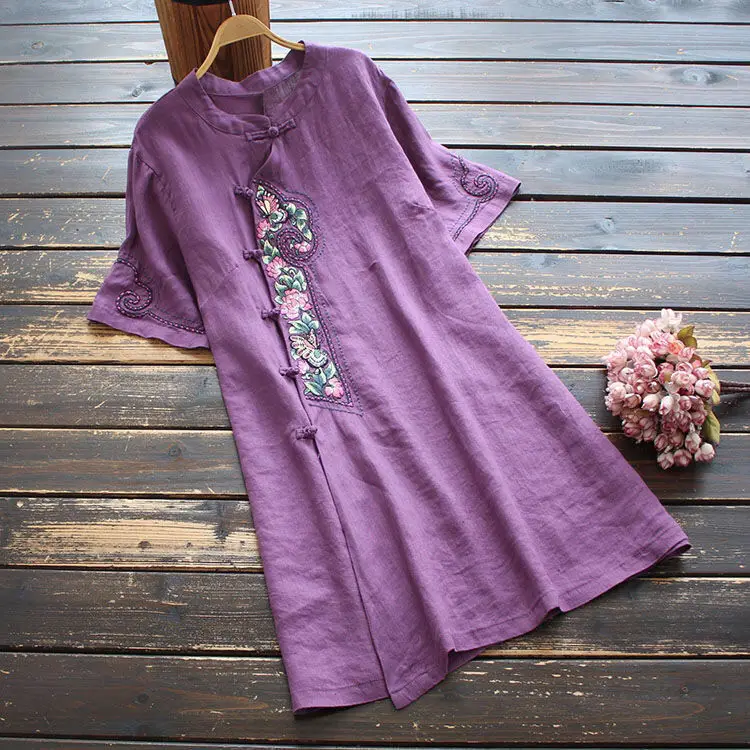 Chinese Style Clothing Women Clothes 2022 New Summer Chinese Cheongsam Tops Embroidered Shirt Blouse Cotton Linen Hanfu Ladies