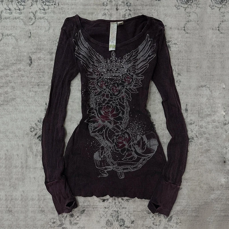 Gothic Dark Style Spicy Girl Long Sleeve Printed T-Shirt Autumn Retro Y2K Top for Women 3
