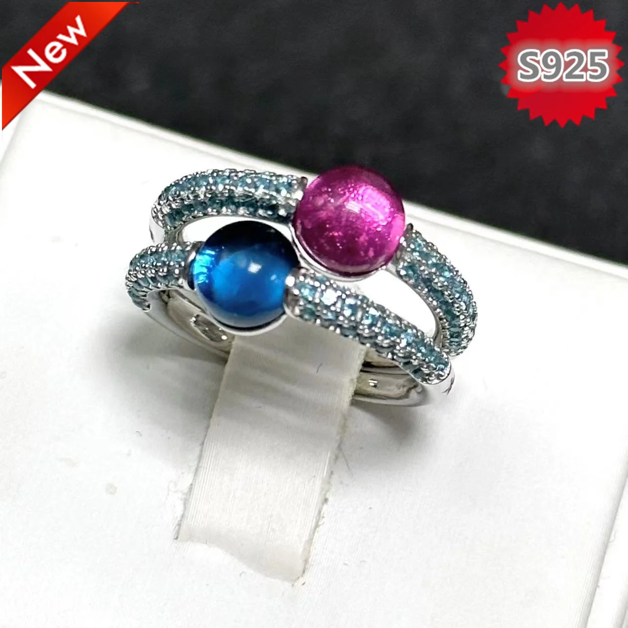 

2pcs/set 6mm Round Ring S925 Plated 18K Platinum Candy Style Ring Inlay Blue Topaz Zircon Crystal Ring For Women Birthday Gift