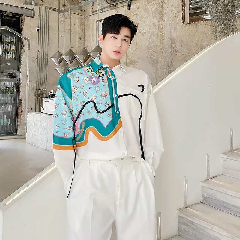 

Long Sleeve Shirts Trendy Korean Casual Patchwork Loose Turn Down Collar Menswear 2024 Spring Summer Thin Button Tops E118