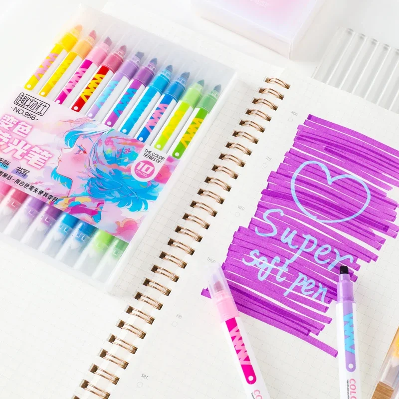 Double-ended Magic Color Changing Highlighter Pen Set 10pcs Student Diary Scrapbook Painting DIY Office Stationery