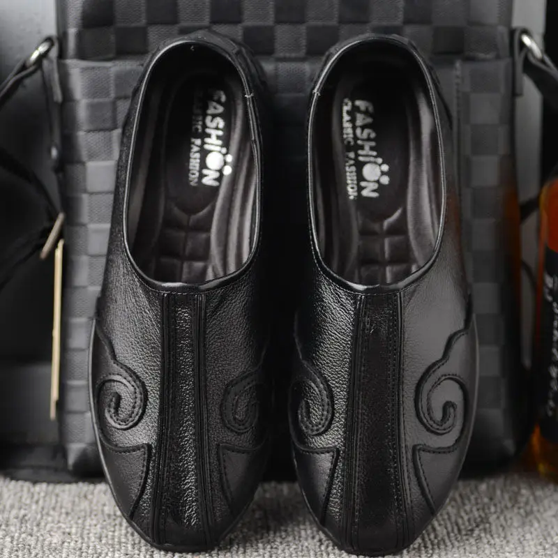 new chinese style men casual flat old peking shoes men genuine leather comfortable antiskid shoes tai chi exercise kungfu