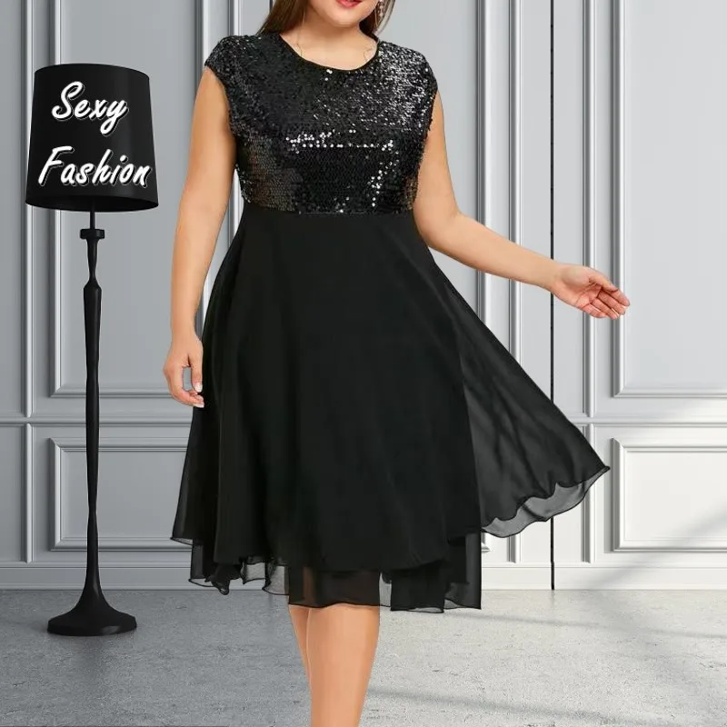 

XL-5XL Dresses for Women Clothing 2023 Summer Plus Size Sleeveless Mesh Sequins Elegant Casual Party Evening Dress Dropshipping