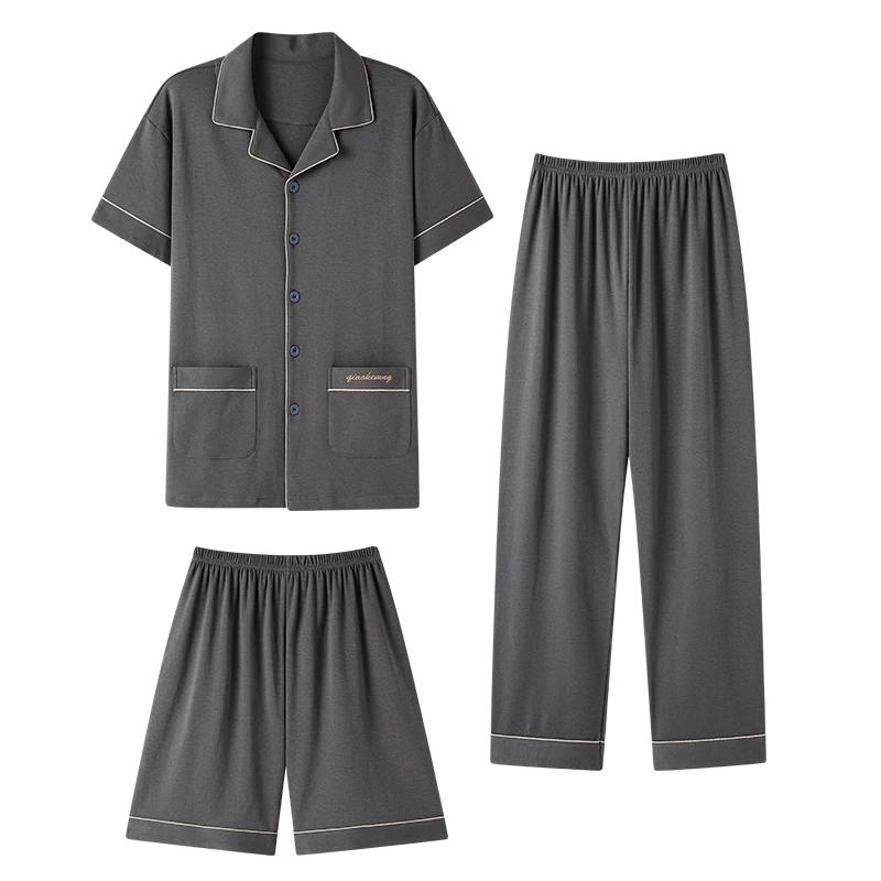 3PCS/Set Male Nightwear Suit Summer Short Sleeve Pajamas Striped Homewear Men Big Yards4XL Cotton Pijama