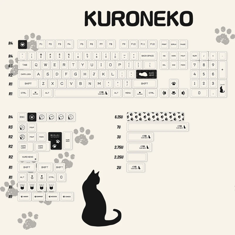 Chaves Conjunto Preto Gato Kuroneko Keycap Pbt Tintura Subbed Keycaps Cherry Perfil Keycap para 61 64 68 87 980 104 Hhkb 142