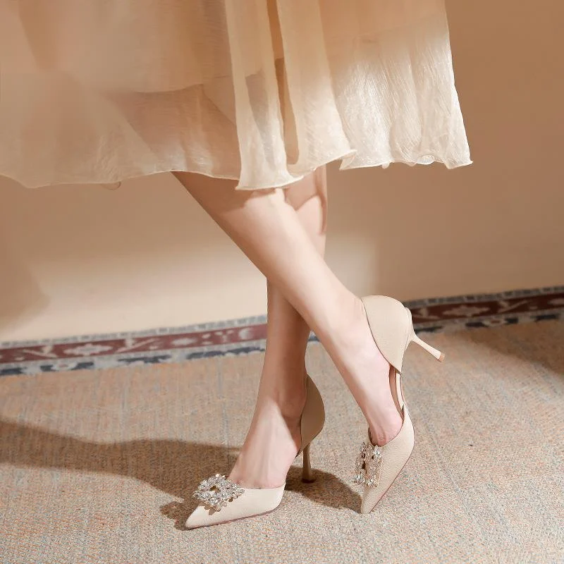 Two Wear Wedding Shoes Spring New Pointed Single Shoes Women's Thin Heel Crystal Square Buckle Hollow High Heel Bridesmaid Shoes_voghion.com