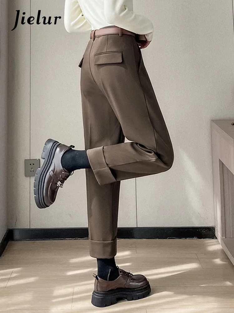 Jielur New Thick Cuffs Loose Fashion Harem Pants Solid Color Casual Straight Winter Simple Female Trousers Chic Office Ladies