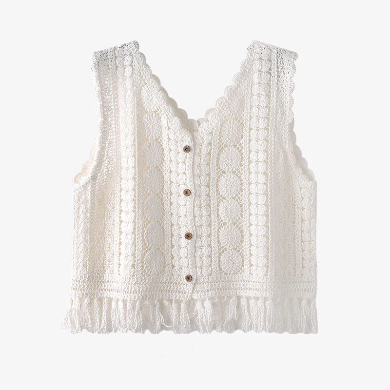 thumbnail image 1 of Top de crochet con flecos, transparente, calado, sin mangas, con botones en la parte delantera, camiseta sin mangas y chaleco de verano para mujer, atuendo bohemio para vacaciones en la playa, 1 of 5
