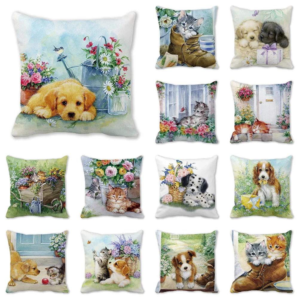 

Cute cat and dog animal print pattern cushion cover for home living room sofa decoration square pillowcase 45x45cm