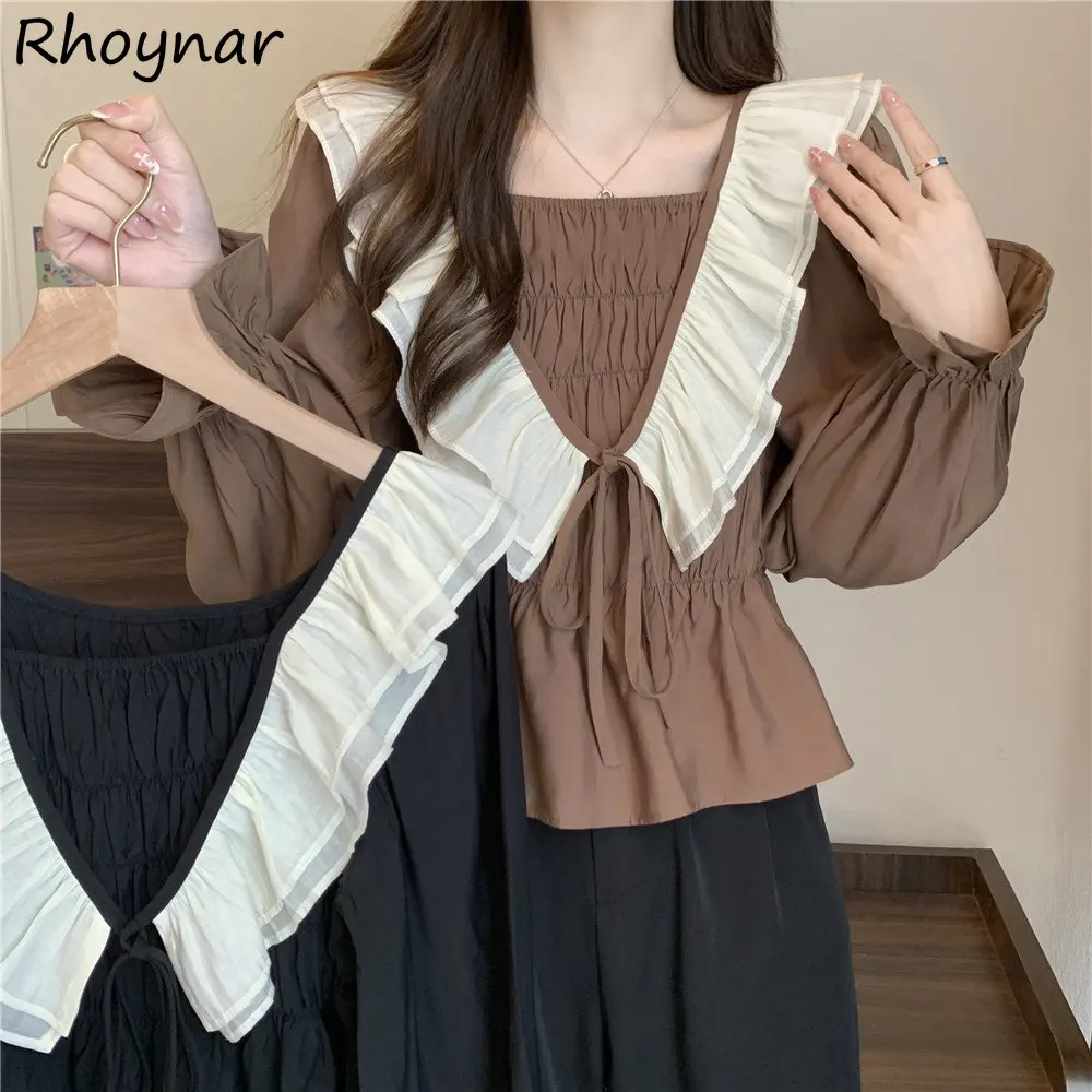 

Blouses Women Spring New Arrival Clothing Ruffles Patchwork Sweet Square Collar French Simple Aesthetic Harajuku Tops Leisure