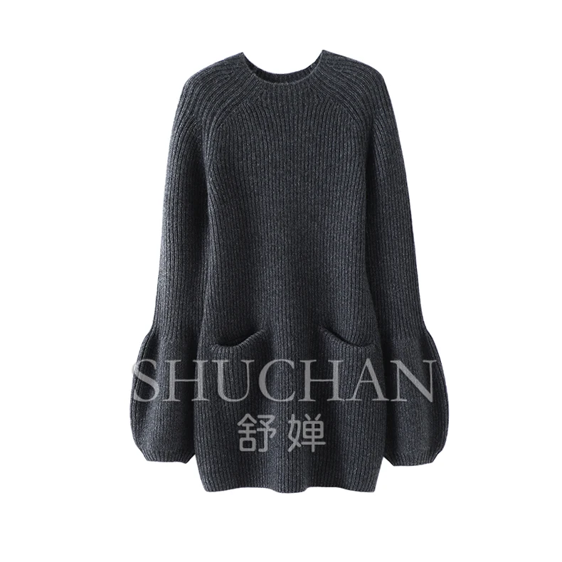 

winter thick 100% cashmere sweater women warm soft pullover pull femme Lantern Sleeve O-Neck long Pockets Luxury