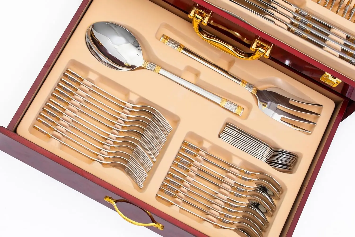 18/10 Flatware Service for 12-75 Piece Stainless Steel Set Polished Cutlery with Gold Accents 3 Piece Hostess Serving Ensemble