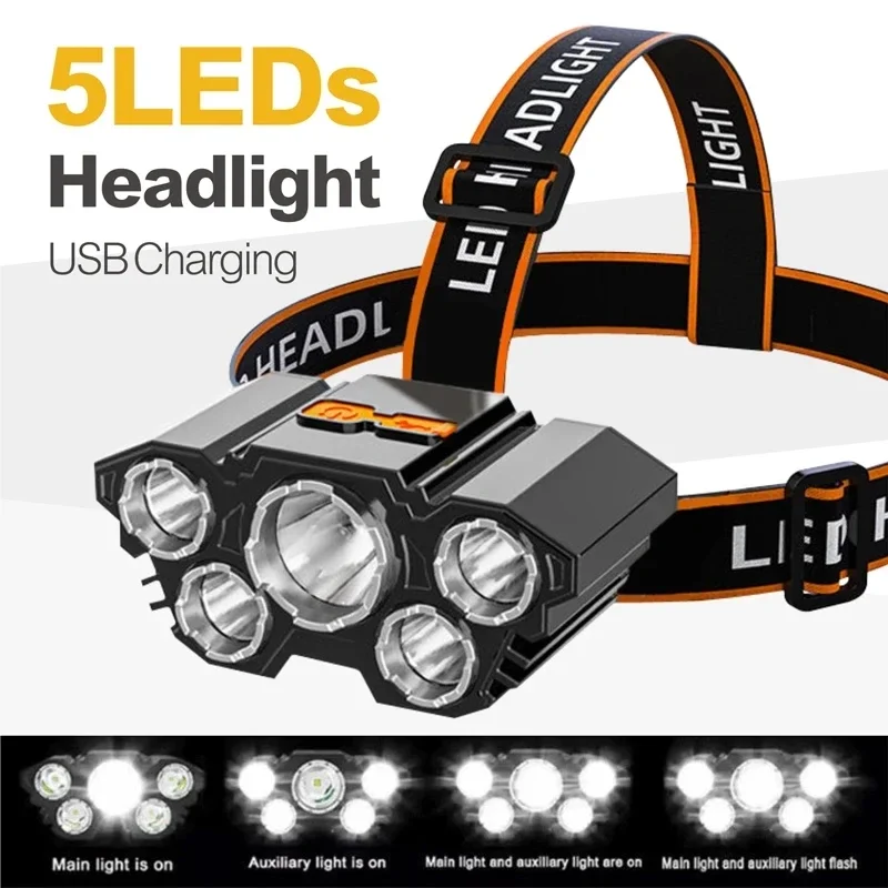 Lampe frontale LED puissante rechargeable USB 18650 pour pêche nocturne et camping