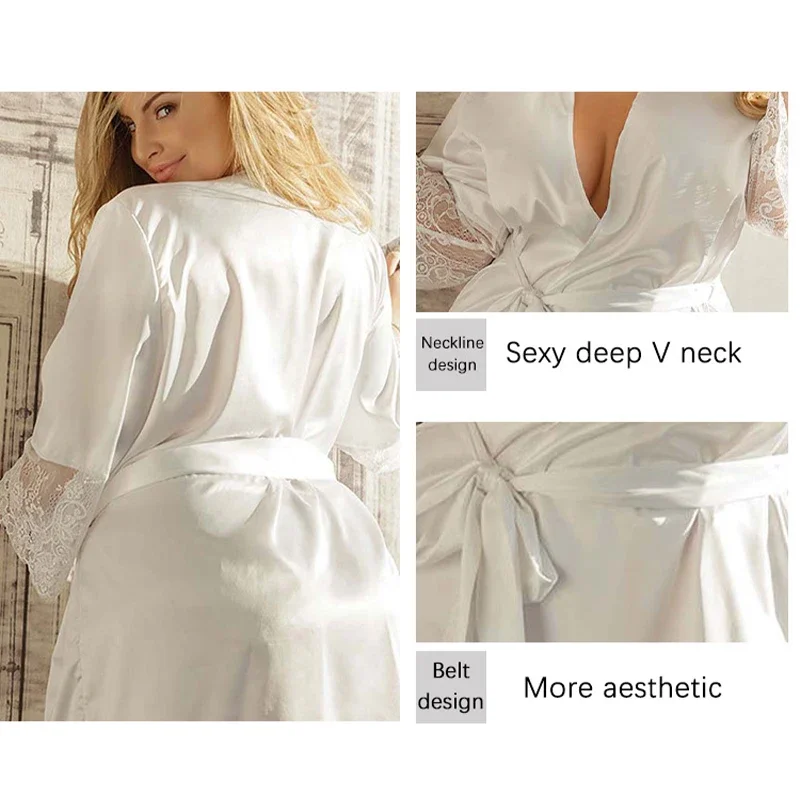 Fashion Women Sexy Silk Dressing Lace Belt Bath Robe Nightwear Female Home Wear Nightdress Lingerie for Ladied Sleepwear