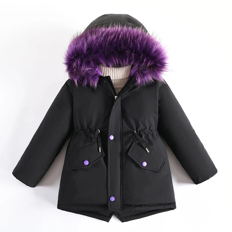 Veste d'hiver en velours pour adolescentes, manteau coupe-vent chaud pour enfants, parkas à capuche avec col en fourrure, vêtements pour enfants, 4-14 ans