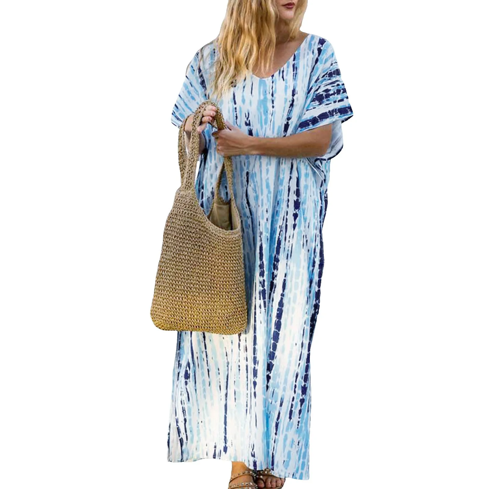 

2024 Womens casual beach dress Plus Size Kaftans Casual V Neck Long Soft oversize ladies loose Beach Maxi printed for Summer