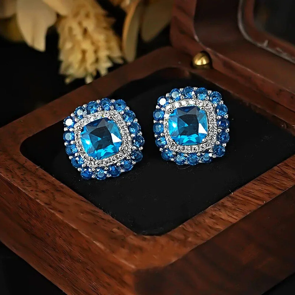 Female Cute Blue Green Zircon Stone Stud Earrings Vintage Silver Color Wedding Party Gift Jewelry For Women