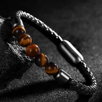 High Quality Leather Bracelet Lava Chakra Stone Beads Black Tiger Eye Bracelets Magnetic Buckle Bangles Braid Rope Chain for Men 1