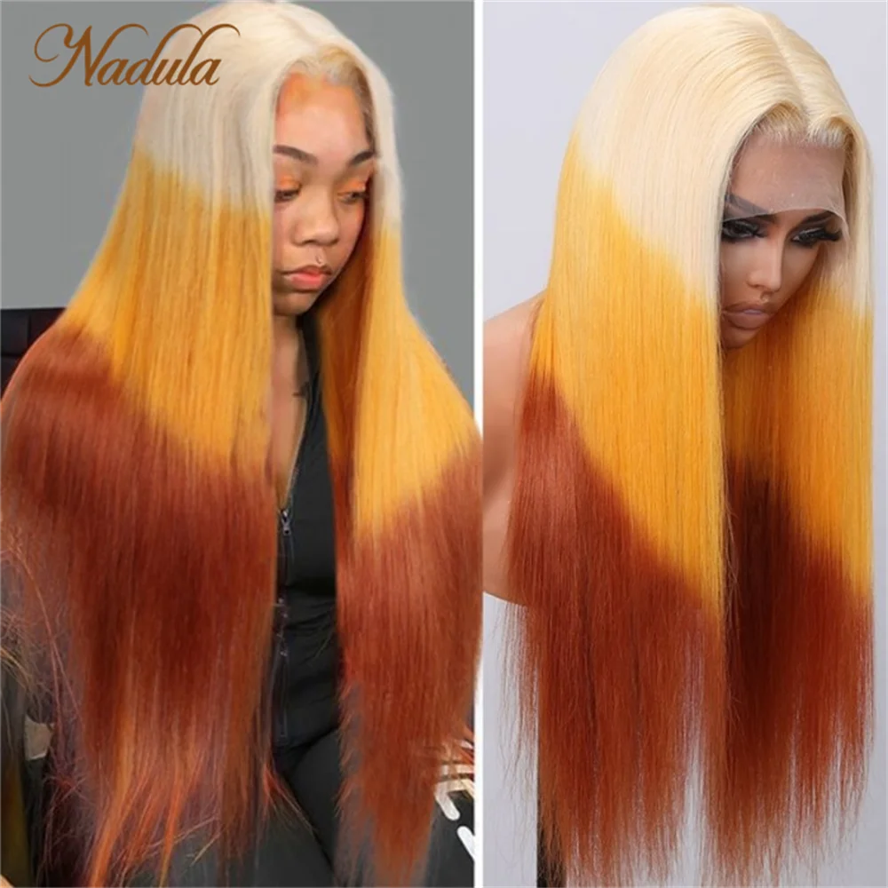 Nadula Straight Hair 13x4 Lace Front Wigs 3 Tones Reverse Blonde Orange and Brown Ombre 150% Density Multi Color Hair For Women