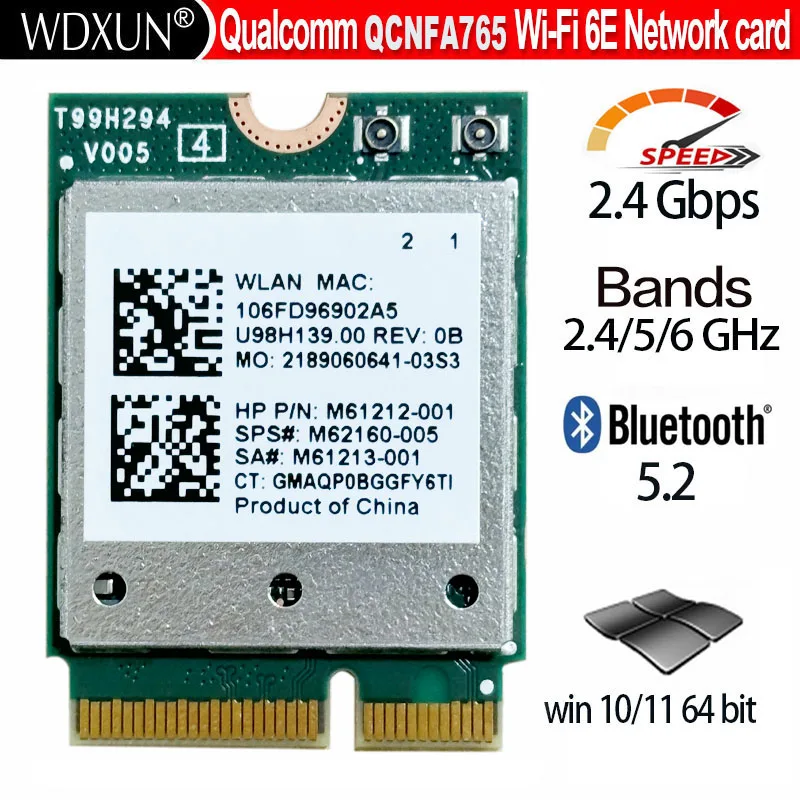 Placa de Rede Qualcomm-wifi Qcnfa765 m2 Key e bt 5.3 M.2 Módulo Ngff Placa de Rede Wi-fi Nfa765a 802.11ac Machado 2.4g 5g 6g 2400mbps