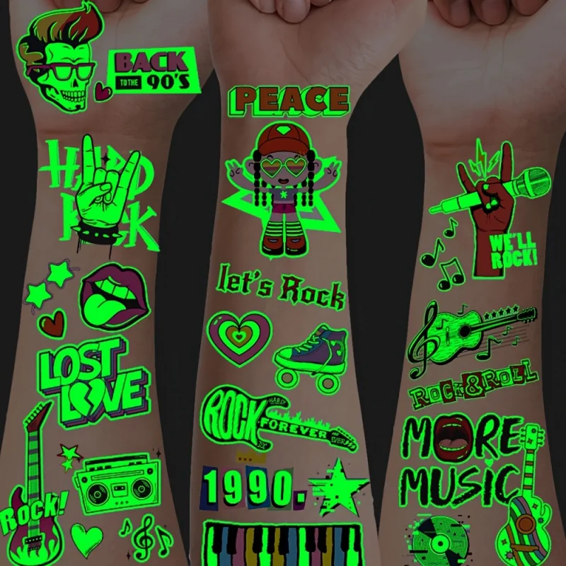 Glow-in-the-Dark Rock Music Temporary Tattoos 12pcs Guitar Keys & Notes Designs