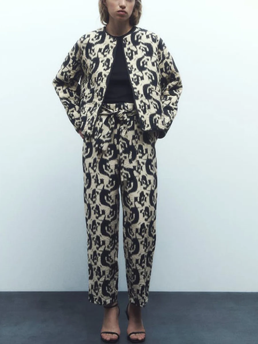 

Animal Printed Coat Pants 2 Piece Set Woman Long Sleeve Round Neck High Waist Street Style Casual Retro 2023 Autumn New Suit