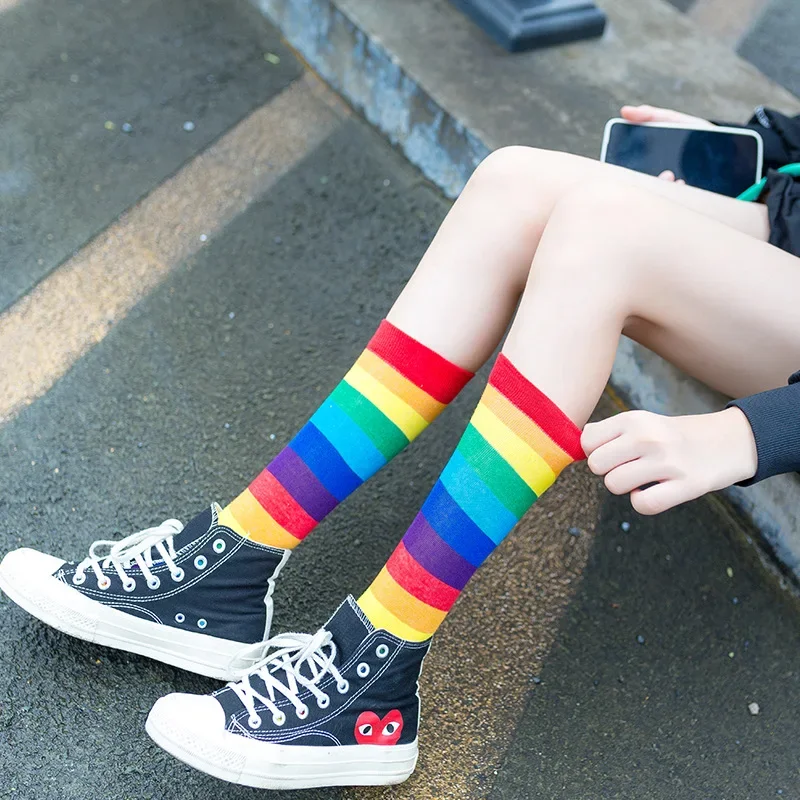 Women Sock Rainbow Striped Elasticity Sweat Long Sock Sporty 1 Pair